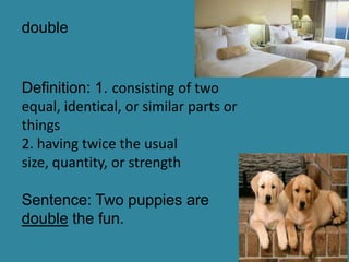 double


Definition: 1. consisting of two
equal, identical, or similar parts or
things
2. having twice the usual
size, quantity, or strength

Sentence: Two puppies are
double the fun.
 