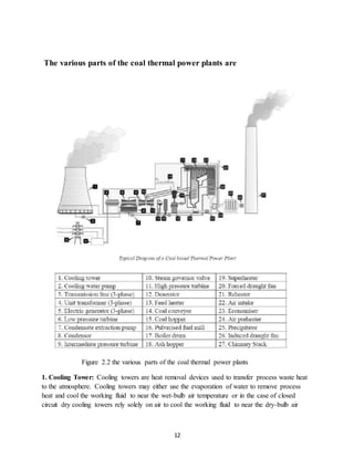 12
The various parts of the coal thermal power plants are
Figure 2.2 the various parts of the coal thermal power plants
1. Cooling Tower: Cooling towers are heat removal devices used to transfer process waste heat
to the atmosphere. Cooling towers may either use the evaporation of water to remove process
heat and cool the working fluid to near the wet-bulb air temperature or in the case of closed
circuit dry cooling towers rely solely on air to cool the working fluid to near the dry-bulb air
 