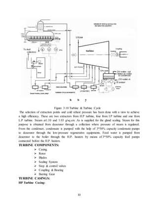 33
Figure 3.10 Turbine & Turbine Cycle
The selection of extraction points and cold reheat pressure has been done with a view to achieve
a high efficiency. These are two extractors from H.P turbine, four from I.P turbine and one from
L.P turbine. Steam at1.10 and 1.03 g/sq.cm .As is supplied for the gland scaling. Steam for this
purpose is obtained from deaerator through a collection where pressure of steam is regulated.
From the condenser, condensate is pumped with the help of 3*50% capacity condensate pumps
to deaerator through the low-pressure regenerative equipments. Feed water is pumped from
deaerator to the boiler through the H.P. heaters by means of 3*50% capacity feed pumps
connected before the H.P. heaters.
TURBINE COMPONENTS:
 Casing.
 Rotor
 Blades
 Sealing System
 Stop & control valves
 Coupling & Bearing
 Barring Gear
TURBINE CASINGS:
HP Turbine Casing:
 