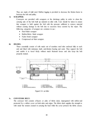 39
They are made of mild steel. Rubber lagging is provided to decrease the friction factor in
between the belt and pulley.
ii. SCRAPPER:
Conveyors are provided with scrappers at the discharge pulley in order to clean the
carrying side of the belt built up material on idler rolls. Care should be taken to ensure
that scrapper is held against the belt with the pressure sufficient to remove material
without causing damage to the belt due to excessive force exerted by the wiper. The
following categories of scrapper are common in use :
 Steel blade scrapper
 Rubber/fabric blade scrapper
 Nylon brush scrapper
 Compressed air blast scrapper.
iii. IDLERS:
These essentially consist of rolls made out of seamless steel tube enclosed fully at each
end and fitted with stationary shaft, anti-friction bearing and seals. They support the belt
and enable it to travel freely without much frictional losses and also keep the belt
properly trained.
Figure3.16 an Idler
iv. CONVEYOR BELT:
The conveyor belt consists of layers or piles of fabric duck, impregnated with rubber and
protected by a rubber cover on both sides and edges. The fabric duck supplies the strength to
with stand the tension created in carrying the load while the cover protects the fabric arecas.
 