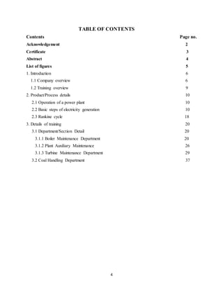 4
TABLE OF CONTENTS
Contents Page no.
Acknowledgement 2
Certificate 3
Abstract 4
List of figures 5
1. Introduction 6
1.1 Company overview 6
1.2 Training overview 9
2. Product/Process details 10
2.1 Operation of a power plant 10
2.2 Basic steps of electricity generation 10
2.3 Rankine cycle 18
3. Details of training 20
3.1 Department/Section Detail 20
3.1.1 Boiler Maintenance Department 20
3.1.2 Plant Auxiliary Maintenance 26
3.1.3 Turbine Maintenance Department 29
3.2 Coal Handling Department 37
 