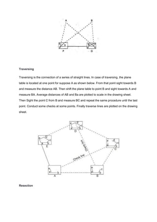 Traversing
Traversing is the connection of a series of straight lines. In case of traversing, the plane
table is located at one point for suppose A as shown below. From that point sight towards B
and measure the distance AB. Then shift the plane table to point B and sight towards A and
measure BA. Average distances of AB and Ba are plotted to scale in the drawing sheet.
Then Sight the point C from B and measure BC and repeat the same procedure until the last
point. Conduct some checks at some points. Finally traverse lines are plotted on the drawing
sheet.
Resection
 