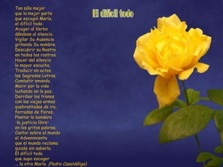 Tan sólo mejor que la mejor parte que escogió María, el difícil todo. Acoger al Verbo dándose al silencio. Vigilar Su Ausencia gritando Su nombre. Descubrir su Rostro en todos los rostros. Hacer del silencio la mayor escucha. Traducir en actos las Sagradas Letras. Combatir amando. Morir por la vida luchando en la paz. Derribar los tronos con las viejas armas quebrantadas de ira, forradas de flores. Plantar la bandera -la justicia libre- en los gritos pobres. Cantar sobre el mundo el Advenimiento que el mundo reclama quizás sin saberlo. El difícil todo que supo escoger ... la otra María.  (Pedro Casaldáliga) El difícil todo 