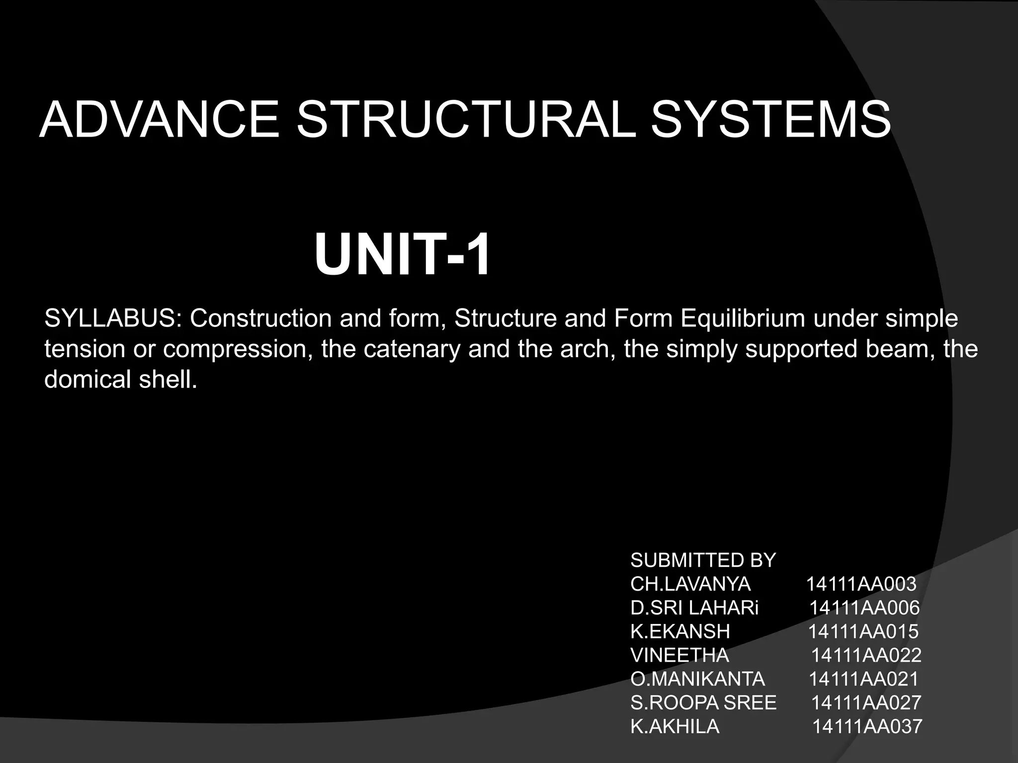 ADVANCE STRUCTURAL SYSTEMS
UNIT-1
SYLLABUS: Construction and form, Structure and Form Equilibrium under simple
tension or compression, the catenary and the arch, the simply supported beam, the
domical shell.
SUBMITTED BY
CH.LAVANYA 14111AA003
D.SRI LAHARi 14111AA006
K.EKANSH 14111AA015
VINEETHA 14111AA022
O.MANIKANTA 14111AA021
S.ROOPA SREE 14111AA027
K.AKHILA 14111AA037
 
