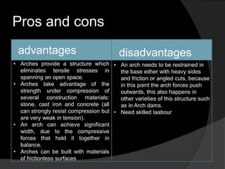 Pros and cons
• Arches provide a structure which
eliminates tensile stresses in
spanning an open space.
• Arches take advantage of the
strength under compression of
several construction materials:
stone, cast iron and concrete (all
can strongly resist compression but
are very weak in tension).
• An arch can achieve significant
width, due to the compressive
forces that hold it together in
balance.
• Arches can be built with materials
of frictionless surfaces
• An arch needs to be restrained in
the base either with heavy sides
and friction or angled cuts, because
in this point the arch forces push
outwards, this also happens in
other varieties of this structure such
as in Arch dams.
• Need skilled laabour
advantages disadvantages
 