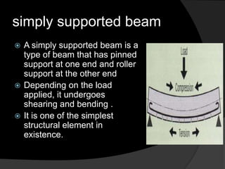 simply supported beam
 A simply supported beam is a
type of beam that has pinned
support at one end and roller
support at the other end
 Depending on the load
applied, it undergoes
shearing and bending .
 It is one of the simplest
structural element in
existence.
 