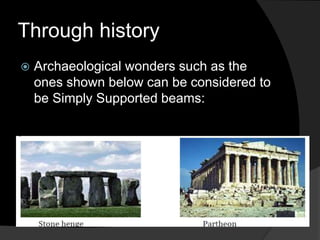 Through history
 Archaeological wonders such as the
ones shown below can be considered to
be Simply Supported beams:
 
