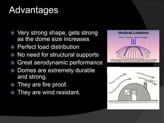 Advantages
 Very strong shape, gets strong
as the dome size increases
 Perfect load distribution
 No need for structural supports
 Great aerodynamic performance
 Domes are extremely durable
and strong.
 They are fire proof.
 They are wind resistant.
 
