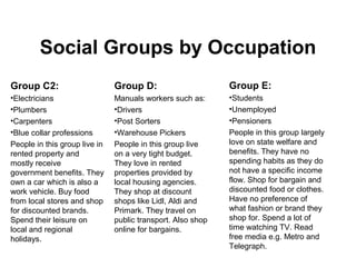 Social Groups by Occupation
Group C2:
•Electricians
•Plumbers
•Carpenters
•Blue collar professions
People in this group live in
rented property and
mostly receive
government benefits. They
own a car which is also a
work vehicle. Buy food
from local stores and shop
for discounted brands.
Spend their leisure on
local and regional
holidays.
Group D:
Manuals workers such as:
•Drivers
•Post Sorters
•Warehouse Pickers
People in this group live
on a very tight budget.
They love in rented
properties provided by
local housing agencies.
They shop at discount
shops like Lidl, Aldi and
Primark. They travel on
public transport. Also shop
online for bargains.
Group E:
•Students
•Unemployed
•Pensioners
People in this group largely
love on state welfare and
benefits. They have no
spending habits as they do
not have a specific income
flow. Shop for bargain and
discounted food or clothes.
Have no preference of
what fashion or brand they
shop for. Spend a lot of
time watching TV. Read
free media e.g. Metro and
Telegraph.
 