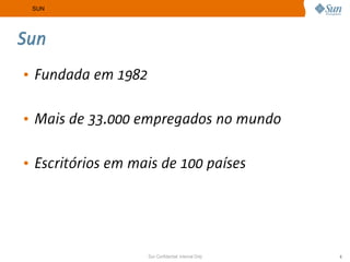SUN




Sun
• Fundada em 1982

• Mais de 33.000 empregados no mundo

• Escritórios em mais de 100 países




                    Sun Confidential: Internal Only   6
 