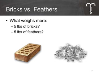 Bricks vs. Feathers
• What weighs more:
  – 5 lbs of bricks?
  – 5 lbs of feathers?




                         27
 