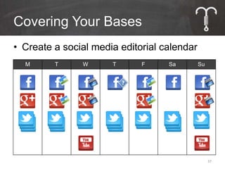 Covering Your Bases
• Create a social media editorial calendar
  M      T     W      T      F     Sa        Su




                                                  37
 