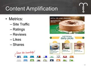 Content Amplification
• Metrics:
  – Site Traffic
  – Ratings
  – Reviews
  – Likes
  – Shares




                        43
 