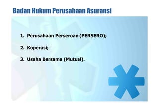 Badan Hukum Perusahaan Asuransi
1. Perusahaan Perseroan (PERSERO);
2. Koperasi;
3. Usaha Bersama (Mutual).
 