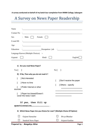 A survey on News Paper Readership Questionaire....... | DOCX