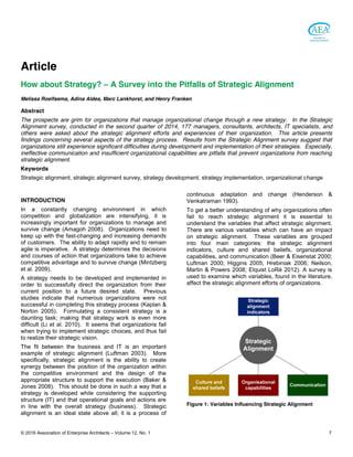 © 2016 Association of Enterprise Architects – Volume 12, No. 1 7
Article
How about Strategy? – A Survey into the Pitfalls of Strategic Alignment
Melissa Roelfsema, Adina Aldea, Marc Lankhorst, and Henry Franken
Abstract
The prospects are grim for organizations that manage organizational change through a new strategy. In the Strategic
Alignment survey, conducted in the second quarter of 2014, 177 managers, consultants, architects, IT specialists, and
others were asked about the strategic alignment efforts and experiences of their organization. This article presents
findings concerning several aspects of the strategy process. Results from the Strategic Alignment survey suggest that
organizations still experience significant difficulties during development and implementation of their strategies. Especially,
ineffective communication and insufficient organizational capabilities are pitfalls that prevent organizations from reaching
strategic alignment.
Keywords
Strategic alignment, strategic alignment survey, strategy development, strategy implementation, organizational change
INTRODUCTION
In a constantly changing environment in which
competition and globalization are intensifying, it is
increasingly important for organizations to manage and
survive change (Amagoh 2008). Organizations need to
keep up with the fast-changing and increasing demands
of customers. The ability to adapt rapidly and to remain
agile is imperative. A strategy determines the decisions
and courses of action that organizations take to achieve
competitive advantage and to survive change (Mintzberg
et al. 2009).
A strategy needs to be developed and implemented in
order to successfully direct the organization from their
current position to a future desired state. Previous
studies indicate that numerous organizations were not
successful in completing this strategy process (Kaplan &
Norton 2005). Formulating a consistent strategy is a
daunting task; making that strategy work is even more
difficult (Li et al. 2010). It seems that organizations fail
when trying to implement strategic choices, and thus fail
to realize their strategic vision.
The fit between the business and IT is an important
example of strategic alignment (Luftman 2003). More
specifically, strategic alignment is the ability to create
synergy between the position of the organization within
the competitive environment and the design of the
appropriate structure to support the execution (Baker &
Jones 2008). This should be done in such a way that a
strategy is developed while considering the supporting
structure (IT) and that operational goals and actions are
in line with the overall strategy (business). Strategic
alignment is an ideal state above all; it is a process of
continuous adaptation and change (Henderson &
Venkatraman 1993).
To get a better understanding of why organizations often
fail to reach strategic alignment it is essential to
understand the variables that affect strategic alignment.
There are various variables which can have an impact
on strategic alignment. These variables are grouped
into four main categories: the strategic alignment
indicators, culture and shared beliefs, organizational
capabilities, and communication (Beer & Eisenstat 2000;
Luftman 2000; Higgins 2005; Hrebiniak 2006; Neilson,
Martin & Powers 2008; Elquist LoRé 2012). A survey is
used to examine which variables, found in the literature,
affect the strategic alignment efforts of organizations.
Figure 1: Variables Influencing Strategic Alignment
 