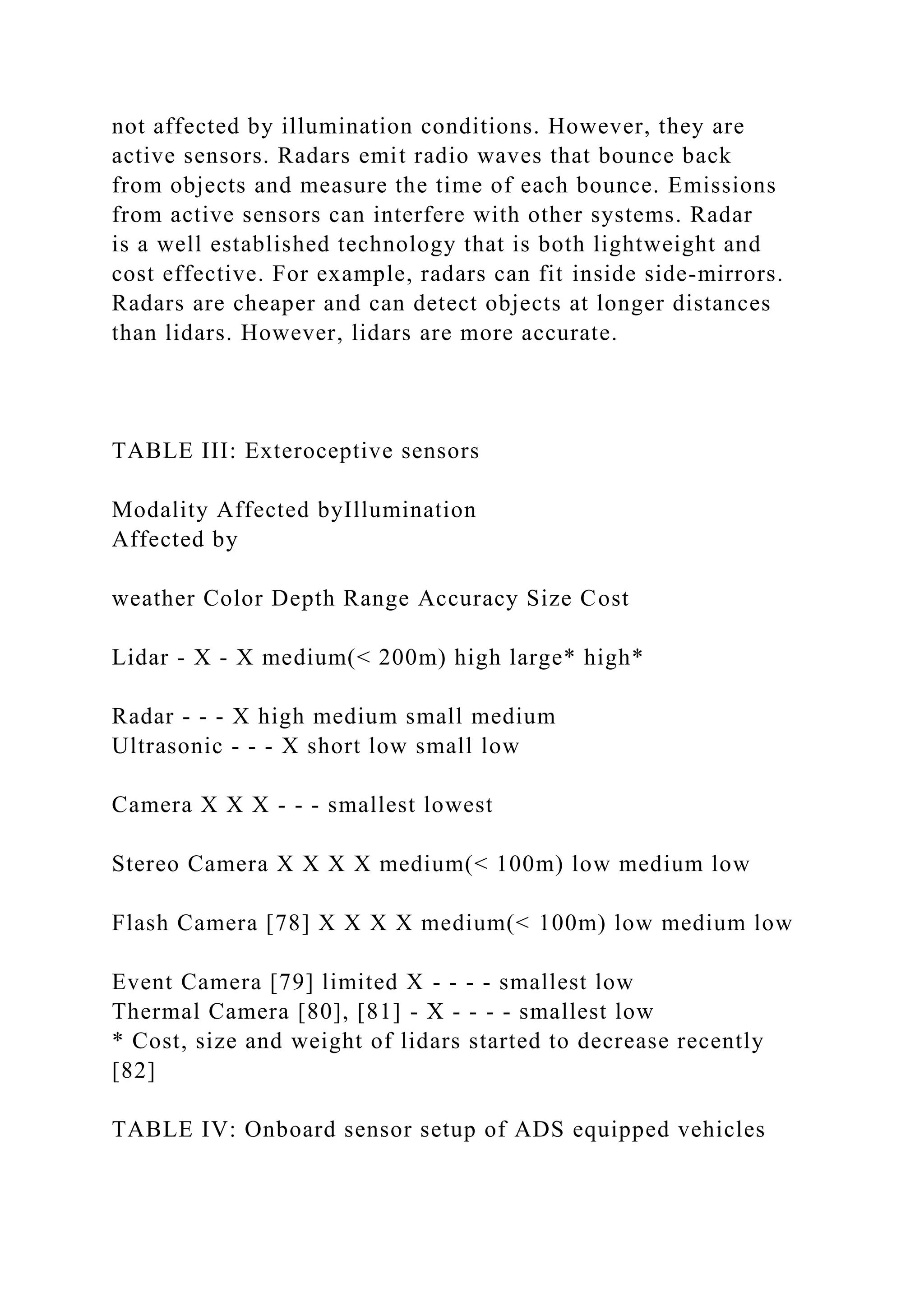 not affected by illumination conditions. However, they are
active sensors. Radars emit radio waves that bounce back
from objects and measure the time of each bounce. Emissions
from active sensors can interfere with other systems. Radar
is a well established technology that is both lightweight and
cost effective. For example, radars can fit inside side-mirrors.
Radars are cheaper and can detect objects at longer distances
than lidars. However, lidars are more accurate.
TABLE III: Exteroceptive sensors
Modality Affected byIllumination
Affected by
weather Color Depth Range Accuracy Size Cost
Lidar - X - X medium(< 200m) high large* high*
Radar - - - X high medium small medium
Ultrasonic - - - X short low small low
Camera X X X - - - smallest lowest
Stereo Camera X X X X medium(< 100m) low medium low
Flash Camera [78] X X X X medium(< 100m) low medium low
Event Camera [79] limited X - - - - smallest low
Thermal Camera [80], [81] - X - - - - smallest low
* Cost, size and weight of lidars started to decrease recently
[82]
TABLE IV: Onboard sensor setup of ADS equipped vehicles
 