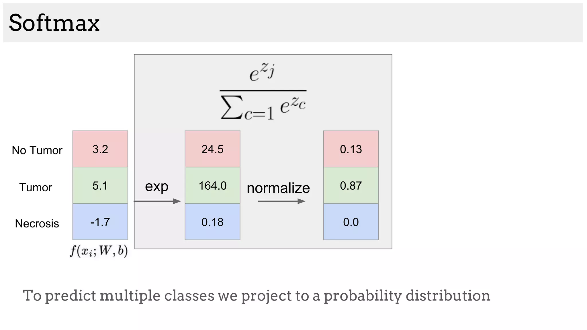 Softmax
To predict multiple classes we project to a probability distribution
Tumor
No Tumor
Necrosis
3.2
5.1
-1.7
24.5
164.0
0.18
exp normalize
0.13
0.87
0.0
 
