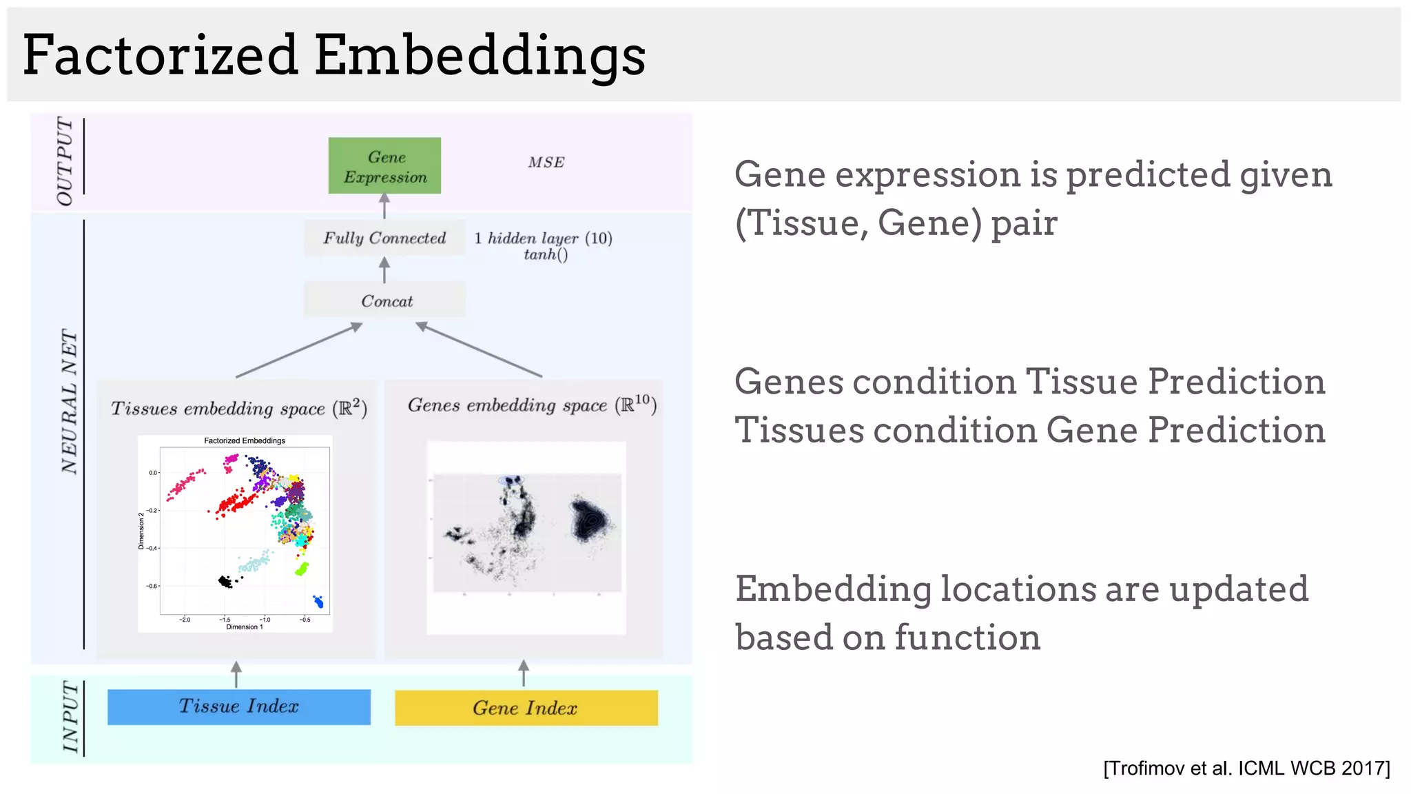 Factorized Embeddings
Gene expression is predicted given
(Tissue, Gene) pair
Genes condition Tissue Prediction
Tissues condition Gene Prediction
Embedding locations are updated
based on function
[Trofimov et al. ICML WCB 2017]
 