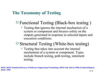 The Taxonomy of Testing

                 Functional                Testing (Black-box testing )
                         Testing that ignores the internal mechanism of a
                          system or component and focuses solely on the
                          outputs generated in response to selected inputs and
                          execution conditions.
                 Structural              Testing (White-box testing)
                         Testing that takes into account the internal
                          mechanism of a system or component. Types
                          include branch testing, path testing, statement
                          testing.

IEEE. IEEE Standard Glossary of Software Engineering Terminology (IEEE Std. 610.12-1990).Technical Report,
IEEE, 1990
                                                                                                   23/50
 