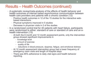 Results – Health Outcomes (continued)
• A systematic review/meta-analysis of the effects of health behavior and
health out...