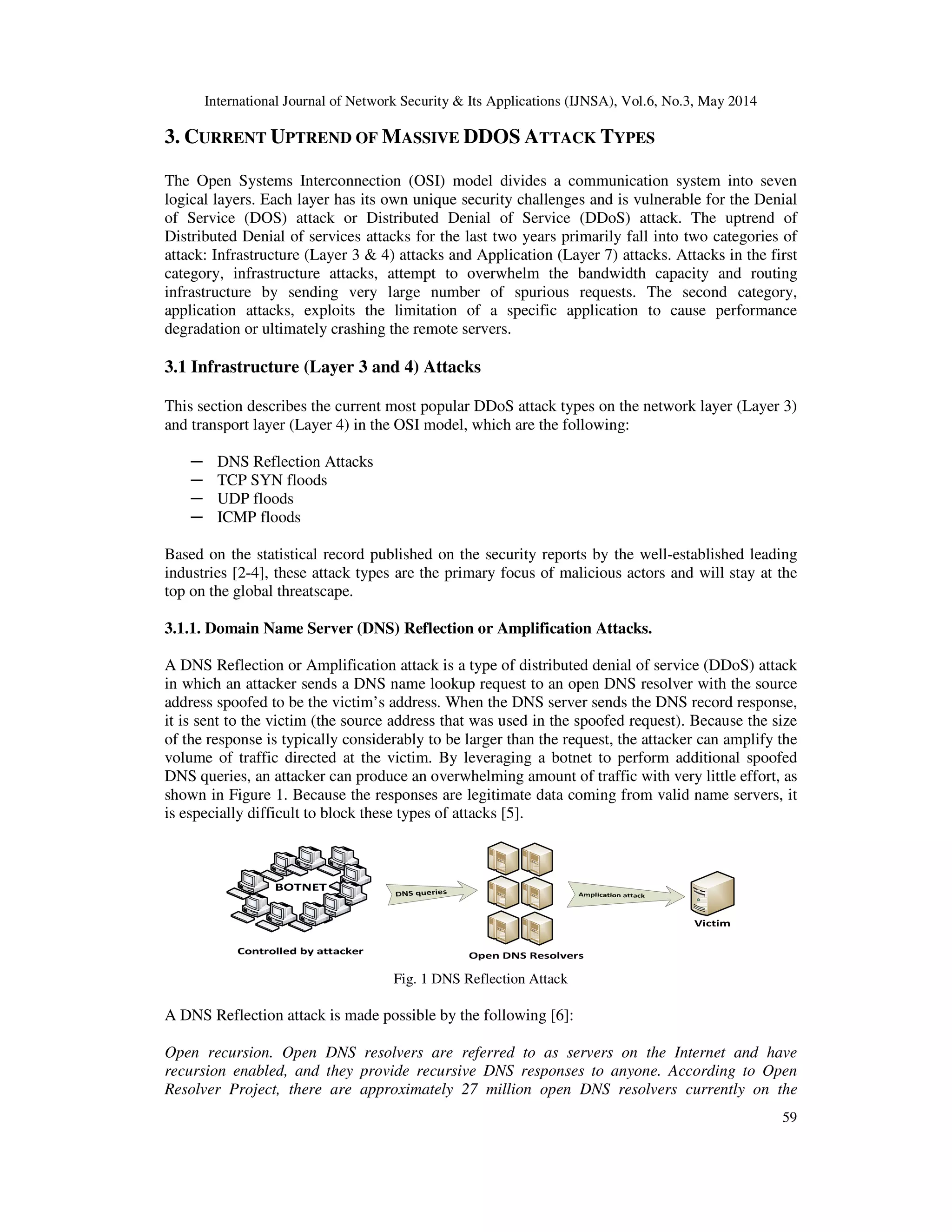 International Journal of Network Security & Its Applications (IJNSA), Vol.6, No.3, May 2014
59
3. CURRENT UPTREND OF MASSIVE DDOS ATTACK TYPES
The Open Systems Interconnection (OSI) model divides a communication system into seven
logical layers. Each layer has its own unique security challenges and is vulnerable for the Denial
of Service (DOS) attack or Distributed Denial of Service (DDoS) attack. The uptrend of
Distributed Denial of services attacks for the last two years primarily fall into two categories of
attack: Infrastructure (Layer 3 & 4) attacks and Application (Layer 7) attacks. Attacks in the first
category, infrastructure attacks, attempt to overwhelm the bandwidth capacity and routing
infrastructure by sending very large number of spurious requests. The second category,
application attacks, exploits the limitation of a specific application to cause performance
degradation or ultimately crashing the remote servers.
3.1 Infrastructure (Layer 3 and 4) Attacks
This section describes the current most popular DDoS attack types on the network layer (Layer 3)
and transport layer (Layer 4) in the OSI model, which are the following:
─ DNS Reflection Attacks
─ TCP SYN floods
─ UDP floods
─ ICMP floods
Based on the statistical record published on the security reports by the well-established leading
industries [2-4], these attack types are the primary focus of malicious actors and will stay at the
top on the global threatscape.
3.1.1. Domain Name Server (DNS) Reflection or Amplification Attacks.
A DNS Reflection or Amplification attack is a type of distributed denial of service (DDoS) attack
in which an attacker sends a DNS name lookup request to an open DNS resolver with the source
address spoofed to be the victim’s address. When the DNS server sends the DNS record response,
it is sent to the victim (the source address that was used in the spoofed request). Because the size
of the response is typically considerably to be larger than the request, the attacker can amplify the
volume of traffic directed at the victim. By leveraging a botnet to perform additional spoofed
DNS queries, an attacker can produce an overwhelming amount of traffic with very little effort, as
shown in Figure 1. Because the responses are legitimate data coming from valid name servers, it
is especially difficult to block these types of attacks [5].
Fig. 1 DNS Reflection Attack
A DNS Reflection attack is made possible by the following [6]:
Open recursion. Open DNS resolvers are referred to as servers on the Internet and have
recursion enabled, and they provide recursive DNS responses to anyone. According to Open
Resolver Project, there are approximately 27 million open DNS resolvers currently on the
 