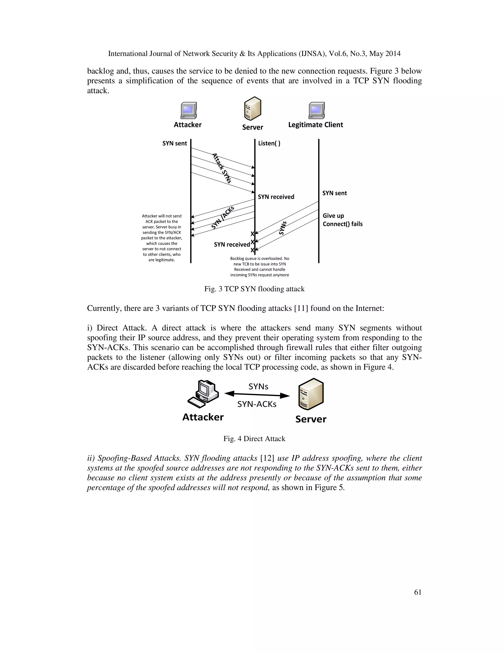 International Journal of Network Security & Its Applications (IJNSA), Vol.6, No.3, May 2014
61
backlog and, thus, causes the service to be denied to the new connection requests. Figure 3 below
presents a simplification of the sequence of events that are involved in a TCP SYN flooding
attack.
Fig. 3 TCP SYN flooding attack
Currently, there are 3 variants of TCP SYN flooding attacks [11] found on the Internet:
i) Direct Attack. A direct attack is where the attackers send many SYN segments without
spoofing their IP source address, and they prevent their operating system from responding to the
SYN-ACKs. This scenario can be accomplished through firewall rules that either filter outgoing
packets to the listener (allowing only SYNs out) or filter incoming packets so that any SYN-
ACKs are discarded before reaching the local TCP processing code, as shown in Figure 4.
Fig. 4 Direct Attack
ii) Spoofing-Based Attacks. SYN flooding attacks [12] use IP address spoofing, where the client
systems at the spoofed source addresses are not responding to the SYN-ACKs sent to them, either
because no client system exists at the address presently or because of the assumption that some
percentage of the spoofed addresses will not respond, as shown in Figure 5.
 