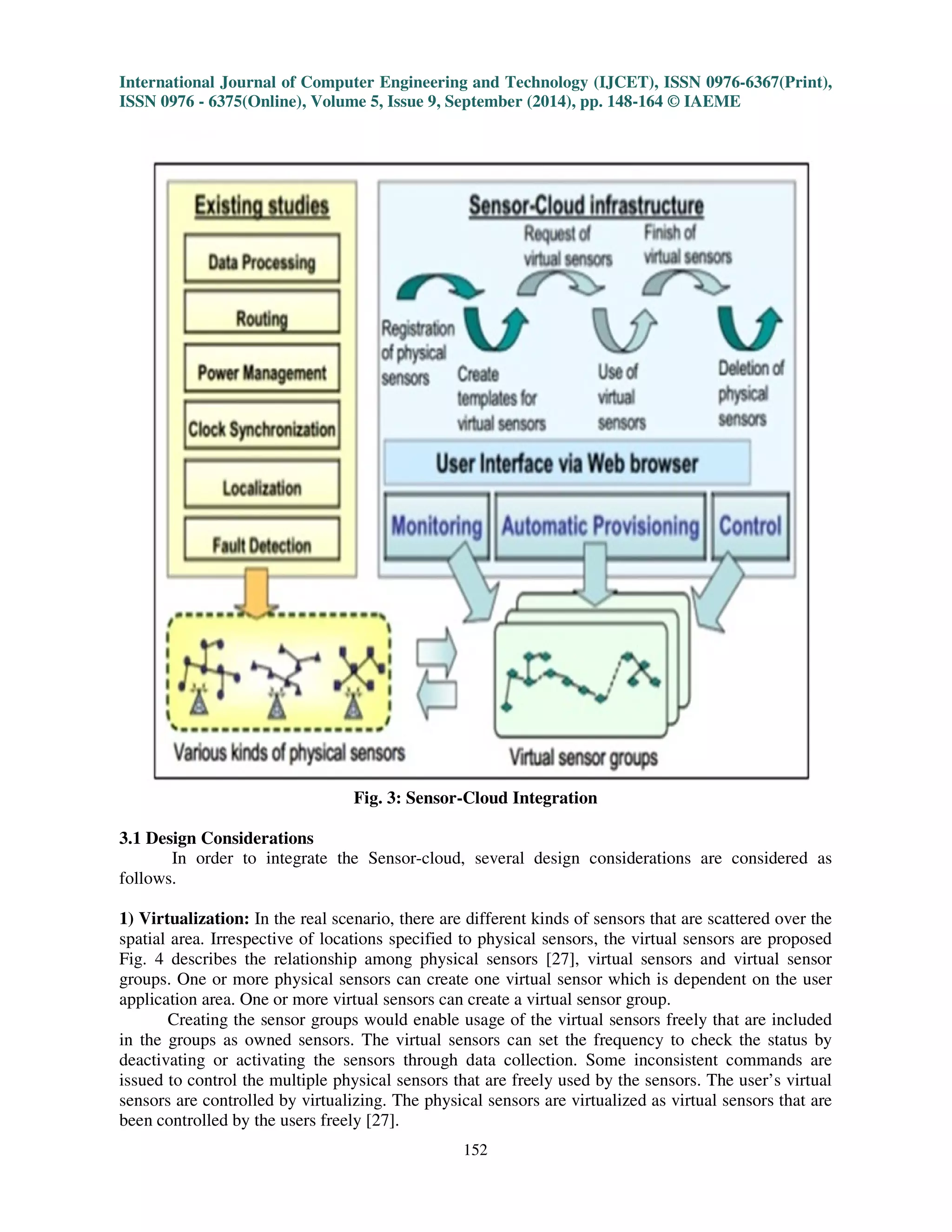 International Journal of Computer Engineering and Technology (IJCET), ISSN 0976-6367(Print), 
ISSN 0976 - 6375(Online), Volume 5, Issue 9, September (2014), pp. 148-164 © IAEME 
152 
 
Fig. 3: Sensor-Cloud Integration 
3.1 Design Considerations 
In order to integrate the Sensor-cloud, several design considerations are considered as 
follows. 
1) Virtualization: In the real scenario, there are different kinds of sensors that are scattered over the 
spatial area. Irrespective of locations specified to physical sensors, the virtual sensors are proposed 
Fig. 4 describes the relationship among physical sensors [27], virtual sensors and virtual sensor 
groups. One or more physical sensors can create one virtual sensor which is dependent on the user 
application area. One or more virtual sensors can create a virtual sensor group. 
Creating the sensor groups would enable usage of the virtual sensors freely that are included 
in the groups as owned sensors. The virtual sensors can set the frequency to check the status by 
deactivating or activating the sensors through data collection. Some inconsistent commands are 
issued to control the multiple physical sensors that are freely used by the sensors. The user’s virtual 
sensors are controlled by virtualizing. The physical sensors are virtualized as virtual sensors that are 
been controlled by the users freely [27]. 
 