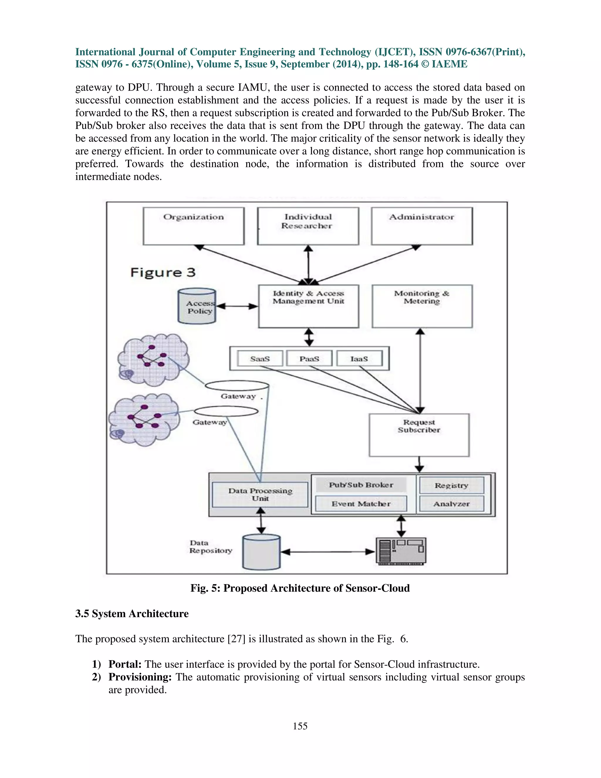 International Journal of Computer Engineering and Technology (IJCET), ISSN 0976-6367(Print), 
ISSN 0976 - 6375(Online), Volume 5, Issue 9, September (2014), pp. 148-164 © IAEME 
gateway to DPU. Through a secure IAMU, the user is connected to access the stored data based on 
successful connection establishment and the access policies. If a request is made by the user it is 
forwarded to the RS, then a request subscription is created and forwarded to the Pub/Sub Broker. The 
Pub/Sub broker also receives the data that is sent from the DPU through the gateway. The data can 
be accessed from any location in the world. The major criticality of the sensor network is ideally they 
are energy efficient. In order to communicate over a long distance, short range hop communication is 
preferred. Towards the destination node, the information is distributed from the source over 
intermediate nodes. 
155 
 
Fig. 5: Proposed Architecture of Sensor-Cloud 
3.5 System Architecture 
The proposed system architecture [27] is illustrated as shown in the Fig. 6. 
1) Portal: The user interface is provided by the portal for Sensor-Cloud infrastructure. 
2) Provisioning: The automatic provisioning of virtual sensors including virtual sensor groups 
are provided. 
 