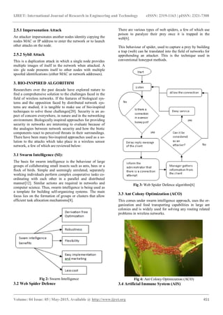 IJRET: International Journal of Research in Engineering and Technology eISSN: 2319-1163 | pISSN: 2321-7308
_______________________________________________________________________________________
Volume: 04 Issue: 05 | May-2015, Available @ http://www.ijret.org 451
2.5.1 Impersonation Attack
An attacker impersonates another nodes identity copying the
nodes MAC or IP address to enter the network or to launch
other attacks on the node.
2.5.2 Sybil Attack
This is a duplication attack in which a single node provides
multiple images of itself in the network when attacked. A
sin- gle node presents itself to other nodes with multiple
spoofed identifications (either MAC or network addresses).
3. BIO-INSPIRED ALGORITHM
Researchers over the past decade have explored nature to
find a comprehensive solution to the challenges faced in the
field of wireless networks. If the features of biological sys-
tems and the opposition faced by distributed network sys-
tems are studied, it is tangible to make use of bio-inspired
techniques to solve these challenges[20]. Security is an as-
pect of concern everywhere, in nature and in the networking
environment. Biologically inspired approaches for providing
security in networks are interesting to evaluate because of
the analogies between network security and how the biotic
components react to perceived threats in their surroundings.
There have been many bio-inspired approaches used as a so-
lution to the attacks which take place in a wireless sensor
network, a few of which are reviewed below:
3.1 Swarm Intelligence (SI):
The basis for swarm intelligence is the behaviour of large
groups of collaborating small insects such as ants, bees or a
flock of birds. Simple and seemingly unrelated, separately
working individuals perform complex cooperative tasks co-
ordinating with each other in a parallel and distributed
manner[12]. Similar actions are required in networks and
computer science. Thus, swarm intelligence is being used as
a template for building self-organizing systems. The main
focus lies on the formation of groups or clusters that allow
efficient task allocation mechanisms[8].
Fig 2: Swarm Intelligence
3.2 Web Spider Defence
There are various types of web spiders, a few of which use
poison to paralyze their prey once it is trapped in the
web[6].
This behaviour of spider, used to capture a prey by building
a trap (web) can be translated into the field of networks for
apprehending an attacker. This is the technique used in
conventional honeypot methods.
Fig 3: Web Spider Defence algorithm[6]
3.3 Ant Colony Optimization (ACO)
This comes under swarm intelligence approach, uses the or-
ganization and food transporting capabilities in large ant
colonies and is widely used for solving any routing related
problems in wireless networks.
Fig 4: Ant Colony Optimization (ACO)
3.4 Artificial Immune System (AIS)
 