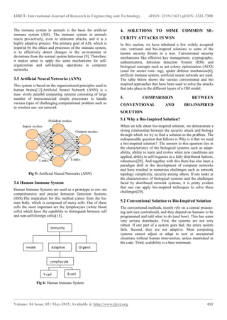IJRET: International Journal of Research in Engineering and Technology eISSN: 2319-1163 | pISSN: 2321-7308
_______________________________________________________________________________________
Volume: 04 Issue: 05 | May-2015, Available @ http://www.ijret.org 452
The immune system in animals is the basis for artificial
immune system (AIS). The immune system in animals
reacts pro-actively, even to unknown attacks, and it is a
highly adaptive process. The primary goal of AIS, which is
inspired by the ethics and processes of the immune system,
is to effectively detect changes in the environment or
deviations from the normal system behaviour [9]. Therefore,
it makes sense to apply the same mechanisms for self-
organization and self-healing operations in computer
networks.
3.5 Artificial Neural Networks (ANN)
This system is based on the organizational principles used in
human brains[12].Artificial Neural Network (ANN) is a
mas- sively parallel computing systems consisting of large
number of interconnected simple processors to handle
various types of challenging computational problem such as
in wireless sen- sor network.
Fig 5: Artificial Neural Networks (ANN)
3.6 Human Immune System
Human Immune Systems are used as a prototype to cre- ate
comprehensive and precise Intrusion Detection Systems
(IDS).The inspiration for this method comes from the hu-
man body, which is composed of many cells. Out of these
cells the most important are the lymphocytes (white blood
cells) which have the capability to distinguish between self
and non-self (foreign cells)[13].
Fig 6: Human Immune System
4. SOLUTIONS TO SOME COMMON SE-
CURITY ATTACKS IN WSN
In this section, we have tabulated a few widely accepted
con- ventional and bio-inspired solutions to some of the
known security threats in a wsn. Conventional security
mechanisms like effective key management, cryptography,
authentication, Intrusion detection System (IDS) and
biological concepts such as ant colony optimization (ACO)
(used for secure rout- ing), spider defence mechanism[6],
artificial immune system, artificial neural network are used.
The table below shows the various conventional and bio
inspired approaches that have been used to solve the attacks
that take place in the different layers of a OSI model.
5. COMPARISION BETWEEN
CONVENTIONAL AND BIO-INSPIRED
SOLUTION
5.1 Why a Bio-Inspired Solution?
When we talk about bio-inspired solution, we demonstrate a
strong relationship between the security attack and biology
through which we try to find a solution to the problem. The
indispensable question that follows is Why is it that we need
a bio-inspired solution? .The answer to this question lies in
the characteristics of the biological systems such as adapt-
ability, ability to learn and evolve when new conditions are
applied, ability to self-organize in a fully distributed fashion,
robustness[20]. And together with this there has also been a
paradigm shift in the development of computer networks
and have resulted in numerous challenges such as network
topology complexity, security among others. If one looks at
the characteristics of biological systems and the challenges
faced by distributed network systems, it is pretty evident
that one can apply bio-inspired techniques to solve these
challenges[20].
5.2 Conventional Solution vs Bio-Inspired Solution
The conventional methods, mostly rely on a central process-
ing unit (are centralized), and they depend on humans to be
programmed and told what to do (and how). This has some
very serious drawbacks. First, the systems are not very
robust. If one part of a system goes bad, the entire system
fails. Second, they are not adaptive. Most computing
systems cannot adjust or adapt to new or unexpected
situations without human intervention, unless mentioned in
the code. Third, scalability is a bare minimum.
 