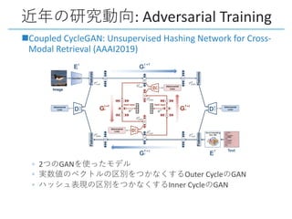 : Adversarial Training
nCoupled CycleGAN: Unsupervised Hashing Network for Cross-
Modal Retrieval (AAAI2019)
◦ 2 GAN
◦ Outer Cycle GAN
◦ Inner Cycle GAN
 