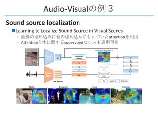 Audio-Visual
Sound source localization
nLearning to Localize Sound Source in Visual Scenes
◦ attention
◦ Attention supervised
 