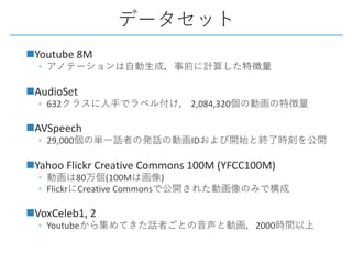 nYoutube 8M
◦
nAudioSet
◦ 632 2,084,320
nAVSpeech
◦ 29,000 ID
nYahoo Flickr Creative Commons 100M (YFCC100M)
◦ 80 (100M )
◦ Flickr Creative Commons
nVoxCeleb1, 2
◦ Youtube 2000
 