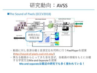 AVSS
nThe Sound of Pixels (ECCV2018)
◦ PixelPlayer
(http://sound-of-pixels.csail.mit.edu/)
◦
Mix-and-Separate
Mix-and-separate
 