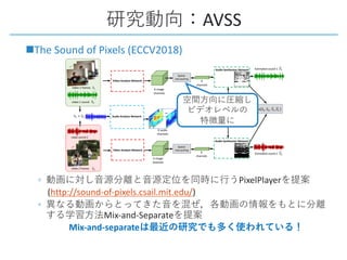 AVSS
nThe Sound of Pixels (ECCV2018)
◦ PixelPlayer
(http://sound-of-pixels.csail.mit.edu/)
◦
Mix-and-Separate
Mix-and-separate
 