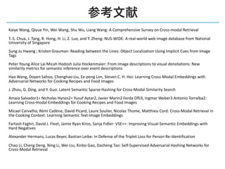 Kaiye Wang, Qiyue Yin, Wei Wang, Shu Wu, Liang Wang: A Comprehensive Survey on Cross-modal Retrieval
T.-S. Chua, J. Tang, R. Hong, H. Li, Z. Luo, and Y. Zheng: NUS-WIDE: A real-world web image database from National
University of Singapore
Sung Ju Hwang ; Kristen Grauman: Reading between the Lines: Object Localization Using Implicit Cues from Image
Tags
Peter Young Alice Lai Micah Hodosh Julia Hockenmaier: From image descriptions to visual denotations: New
similarity metrics for semantic inference over event descriptions
Hao Wang, Doyen Sahoo, Chenghao Liu, Ee-peng Lim, Steven C. H. Hoi: Learning Cross-Modal Embeddings with
Adversarial Networks for Cooking Recipes and Food Images
J. Zhou, G. Ding, and Y. Guo: Latent Semantic Sparse Hashing for Cross-Modal Similarity Search
Amaia Salvador1∗ Nicholas Hynes2∗ Yusuf Aytar2, Javier Marin2 Ferda Ofli3, Ingmar Weber3 Antonio Torralba2:
Learning Cross-modal Embeddings for Cooking Recipes and Food Images
Micael Carvalho, Rémi Cadène, David Picard, Laure Soulier, Nicolas Thome, Matthieu Cord: Cross-Modal Retrieval in
the Cooking Context: Learning Semantic Text-Image Embeddings
Fartash Faghri, David J. Fleet, Jamie Ryan Kiros, Sanja Fidler: VSE++: Improving Visual-Semantic Embeddings with
Hard Negatives
Alexander Hermans, Lucas Beyer, Bastian Leibe: In Defense of the Triplet Loss for Person Re-Identification
Chao Li, Cheng Deng, Ning Li, Wei Liu, Xinbo Gao, Dacheng Tao: Self-Supervised Adversarial Hashing Networks for
Cross-Modal Retrieval
 