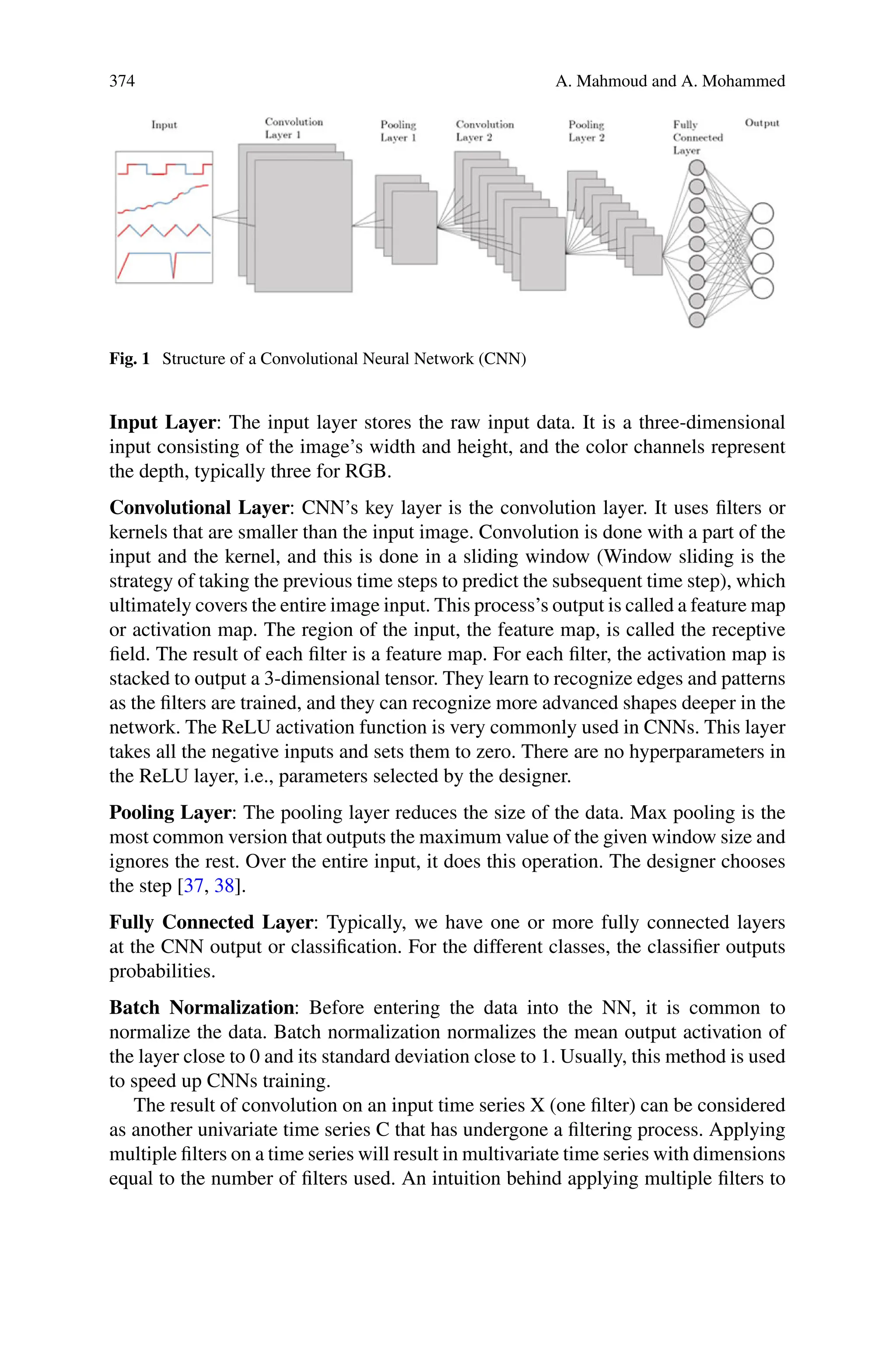 374 A. Mahmoud and A. Mohammed
Fig. 1 Structure of a Convolutional Neural Network (CNN)
Input Layer: The input layer stores the raw input data. It is a three-dimensional
input consisting of the image’s width and height, and the color channels represent
the depth, typically three for RGB.
Convolutional Layer: CNN’s key layer is the convolution layer. It uses filters or
kernels that are smaller than the input image. Convolution is done with a part of the
input and the kernel, and this is done in a sliding window (Window sliding is the
strategy of taking the previous time steps to predict the subsequent time step), which
ultimately covers the entire image input. This process’s output is called a feature map
or activation map. The region of the input, the feature map, is called the receptive
field. The result of each filter is a feature map. For each filter, the activation map is
stacked to output a 3-dimensional tensor. They learn to recognize edges and patterns
as the filters are trained, and they can recognize more advanced shapes deeper in the
network. The ReLU activation function is very commonly used in CNNs. This layer
takes all the negative inputs and sets them to zero. There are no hyperparameters in
the ReLU layer, i.e., parameters selected by the designer.
Pooling Layer: The pooling layer reduces the size of the data. Max pooling is the
most common version that outputs the maximum value of the given window size and
ignores the rest. Over the entire input, it does this operation. The designer chooses
the step [37, 38].
Fully Connected Layer: Typically, we have one or more fully connected layers
at the CNN output or classification. For the different classes, the classifier outputs
probabilities.
Batch Normalization: Before entering the data into the NN, it is common to
normalize the data. Batch normalization normalizes the mean output activation of
the layer close to 0 and its standard deviation close to 1. Usually, this method is used
to speed up CNNs training.
The result of convolution on an input time series X (one filter) can be considered
as another univariate time series C that has undergone a filtering process. Applying
multiple filters on a time series will result in multivariate time series with dimensions
equal to the number of filters used. An intuition behind applying multiple filters to
 