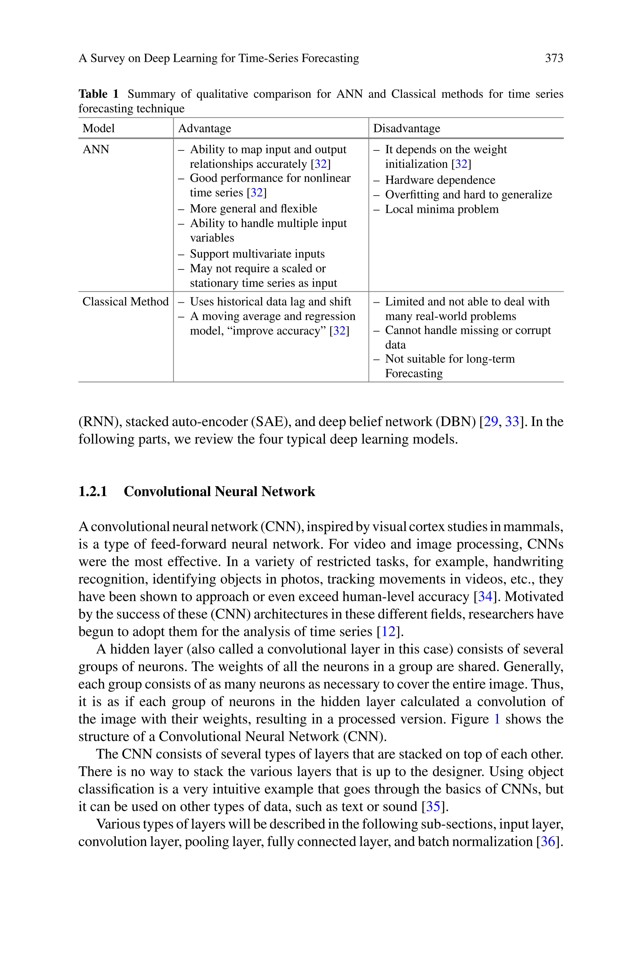 A Survey on Deep Learning for Time-Series Forecasting 373
Table 1 Summary of qualitative comparison for ANN and Classical methods for time series
forecasting technique
Model Advantage Disadvantage
ANN – Ability to map input and output
relationships accurately [32]
– Good performance for nonlinear
time series [32]
– More general and flexible
– Ability to handle multiple input
variables
– Support multivariate inputs
– May not require a scaled or
stationary time series as input
– It depends on the weight
initialization [32]
– Hardware dependence
– Overfitting and hard to generalize
– Local minima problem
Classical Method – Uses historical data lag and shift
– A moving average and regression
model, “improve accuracy” [32]
– Limited and not able to deal with
many real-world problems
– Cannot handle missing or corrupt
data
– Not suitable for long-term
Forecasting
(RNN), stacked auto-encoder (SAE), and deep belief network (DBN) [29, 33]. In the
following parts, we review the four typical deep learning models.
1.2.1 Convolutional Neural Network
Aconvolutionalneuralnetwork(CNN),inspiredbyvisualcortexstudiesinmammals,
is a type of feed-forward neural network. For video and image processing, CNNs
were the most effective. In a variety of restricted tasks, for example, handwriting
recognition, identifying objects in photos, tracking movements in videos, etc., they
have been shown to approach or even exceed human-level accuracy [34]. Motivated
by the success of these (CNN) architectures in these different fields, researchers have
begun to adopt them for the analysis of time series [12].
A hidden layer (also called a convolutional layer in this case) consists of several
groups of neurons. The weights of all the neurons in a group are shared. Generally,
each group consists of as many neurons as necessary to cover the entire image. Thus,
it is as if each group of neurons in the hidden layer calculated a convolution of
the image with their weights, resulting in a processed version. Figure 1 shows the
structure of a Convolutional Neural Network (CNN).
The CNN consists of several types of layers that are stacked on top of each other.
There is no way to stack the various layers that is up to the designer. Using object
classification is a very intuitive example that goes through the basics of CNNs, but
it can be used on other types of data, such as text or sound [35].
Various types of layers will be described in the following sub-sections, input layer,
convolution layer, pooling layer, fully connected layer, and batch normalization [36].
 