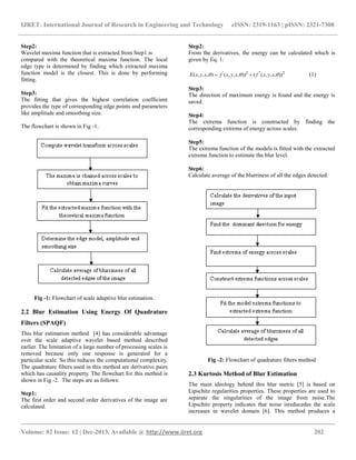 IJRET: International Journal of Research in Engineering and Technology eISSN: 2319-1163 | pISSN: 2321-7308
__________________________________________________________________________________________
Volume: 02 Issue: 12 | Dec-2013, Available @ http://www.ijret.org 202
Step2:
Wavelet maxima function that is extracted from Step1 is
compared with the theoretical maxima function. The local
edge type is determined by finding which extracted maxima
function model is the closest. This is done by performing
fitting.
Step3:
The fitting that gives the highest correlation coefficient
provides the type of corresponding edge points and parameters
like amplitude and smoothing size.
The flowchart is shown in Fig -1.
Fig -1: Flowchart of scale adaptive blur estimation.
2.2 Blur Estimation Using Energy Of Quadrature
Filters (SPAQF)
This blur estimation method [4] has considerable advantage
over the scale adaptive wavelet based method described
earlier. The limitation of a large number of processing scales is
removed because only one response is generated for a
particular scale. So this reduces the computational complexity.
The quadrature filters used in this method are derivative pairs
which has causality property. The flowchart for this method is
shown in Fig -2. The steps are as follows:
Step1:
The first order and second order derivatives of the image are
calculated.
Step2:
From the derivatives, the energy can be calculated which is
given by Eq. 1:
2''2'
)),,,(()),,,(),,,(  syxfsyxfsyxE  (1)
Step3:
The direction of maximum energy is found and the energy is
saved.
Step4:
The extrema function is constructed by finding the
corresponding extrema of energy across scales.
Step5:
The extrema function of the models is fitted with the extracted
extrema function to estimate the blur level.
Step6:
Calculate average of the blurriness of all the edges detected.
Fig -2: Flowchart of quadrature filters method
2.3 Kurtosis Method of Blur Estimation
The main ideology behind this blur metric [5] is based on
Lipschitz regularities properties. These properties are used to
separate the singularities of the image from noise.The
Lipschitz property indicates that noise isreducedas the scale
increases in wavelet domain [6]. This method produces a
 