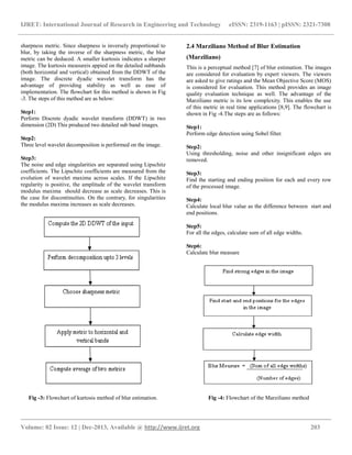 IJRET: International Journal of Research in Engineering and Technology eISSN: 2319-1163 | pISSN: 2321-7308
__________________________________________________________________________________________
Volume: 02 Issue: 12 | Dec-2013, Available @ http://www.ijret.org 203
sharpness metric. Since sharpness is inversely proportional to
blur, by taking the inverse of the sharpness metric, the blur
metric can be deduced. A smaller kurtosis indicates a sharper
image. The kurtosis measureis appied on the detailed subbands
(both horizontal and vertical) obtained from the DDWT of the
image. The discrete dyadic wavelet transform has the
advantage of providing stability as well as ease of
implementation. The flowchart for this method is shown in Fig
-3. The steps of this method are as below:
Step1:
Perform Discrete dyadic wavelet transform (DDWT) in two
dimension (2D) This produced two detailed sub band images.
Step2:
Three level wavelet decomposition is performed on the image.
Step3:
The noise and edge singularities are separated using Lipschitz
coefficients. The Lipschitz coefficients are measured from the
evolution of wavelet maxima across scales. If the Lipschitz
regularity is positive, the amplitude of the wavelet transform
modulus maxima should decrease as scale decreases. This is
the case for discontinuities. On the contrary, for singularities
the modulus maxima increases as scale decreases.
Fig -3: Flowchart of kurtosis method of blur estimation.
2.4 Marziliano Method of Blur Estimation
(Marziliano)
This is a perceptual method [7] of blur estimation. The images
are considered for evaluation by expert viewers. The viewers
are asked to give ratings and the Mean Objective Score (MOS)
is considered for evaluation. This method provides an image
quality evaluation technique as well. The advantage of the
Marziliano metric is its low complexity. This enables the use
of this metric in real time applications [8,9]. The flowchart is
shown in Fig -4.The steps are as follows:
Step1:
Perform edge detection using Sobel filter.
Step2:
Using thresholding, noise and other insignificant edges are
removed.
Step3:
Find the starting and ending position for each and every row
of the processed image.
Step4:
Calculate local blur value as the difference between start and
end positions.
Step5:
For all the edges, calculate sum of all edge widths.
Step6:
Calculate blur measure
Fig -4: Flowchart of the Marziliano method
 