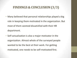 FINDINGS & CONCLUSION (3/3)
• Many believed that personal relationships played a big

role in keeping them motivated in the organization. But
most of them seemed dissatisfied with their HR
department.
• Self-actualization is also a major motivator in the
organization. Almost whole of the surveyed people
wanted to be the best at their work. For getting
motivated, one needs to be self-motivated first.

 