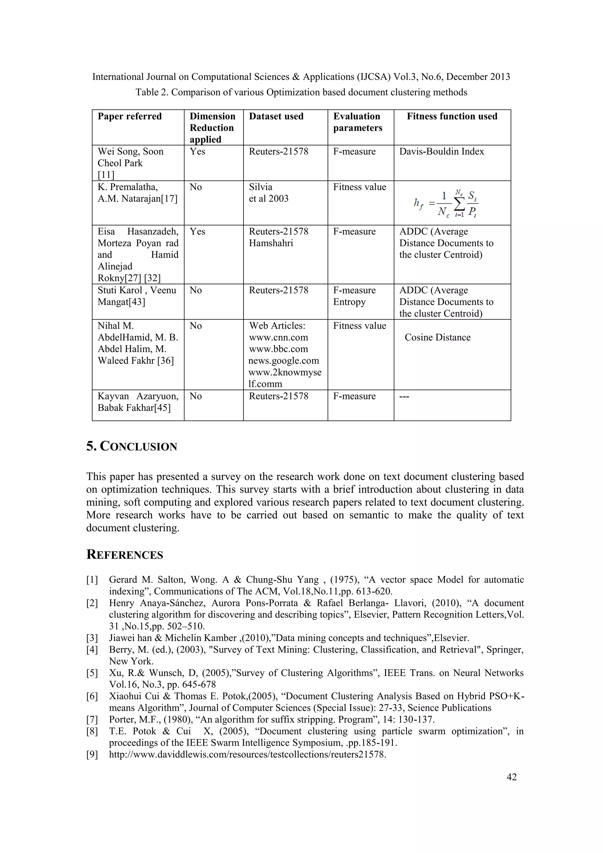 International Journal on Computational Sciences & Applications (IJCSA) Vol.3, No.6, December 2013
Table 2. Comparison of various Optimization based document clustering methods
Paper referred

Dimension
Reduction
applied
Yes

Dataset used

Evaluation
parameters

Reuters-21578

F-measure

No

Silvia
et al 2003

Fitness value

Eisa Hasanzadeh,
Morteza Poyan rad
and
Hamid
Alinejad
Rokny[27] [32]
Stuti Karol , Veenu
Mangat[43]

Yes

Reuters-21578
Hamshahri

F-measure

ADDC (Average
Distance Documents to
the cluster Centroid)

No

Reuters-21578

F-measure
Entropy

ADDC (Average
Distance Documents to
the cluster Centroid)

Nihal M.
AbdelHamid, M. B.
Abdel Halim, M.
Waleed Fakhr [36]

No

Fitness value

Kayvan Azaryuon,
Babak Fakhar[45]

No

Web Articles:
www.cnn.com
www.bbc.com
news.google.com
www.2knowmyse
lf.comm
Reuters-21578

Wei Song, Soon
Cheol Park
[11]
K. Premalatha,
A.M. Natarajan[17]

Fitness function used

Davis-Bouldin Index

Cosine Distance

F-measure

---

5. CONCLUSION
This paper has presented a survey on the research work done on text document clustering based
on optimization techniques. This survey starts with a brief introduction about clustering in data
mining, soft computing and explored various research papers related to text document clustering.
More research works have to be carried out based on semantic to make the quality of text
document clustering.

REFERENCES
[1]
[2]

[3]
[4]
[5]
[6]
[7]
[8]
[9]

Gerard M. Salton, Wong. A & Chung-Shu Yang , (1975), ―A vector space Model for automatic
indexing‖, Communications of The ACM, Vol.18,No.11,pp. 613-620.
Henry Anaya-Sánchez, Aurora Pons-Porrata & Rafael Berlanga- Llavori, (2010), ―A document
clustering algorithm for discovering and describing topics‖, Elsevier, Pattern Recognition Letters,Vol.
31 ,No.15,pp. 502–510.
Jiawei han & Michelin Kamber ,(2010),‖Data mining concepts and techniques‖,Elsevier.
Berry, M. (ed.), (2003), "Survey of Text Mining: Clustering, Classification, and Retrieval", Springer,
New York.
Xu, R.& Wunsch, D, (2005),‖Survey of Clustering Algorithms‖, IEEE Trans. on Neural Networks
Vol.16, No.3, pp. 645-678
Xiaohui Cui & Thomas E. Potok,(2005), ―Document Clustering Analysis Based on Hybrid PSO+Kmeans Algorithm‖, Journal of Computer Sciences (Special Issue): 27-33, Science Publications
Porter, M.F., (1980), ―An algorithm for suffix stripping. Program‖, 14: 130-137.
T.E. Potok & Cui X, (2005), ―Document clustering using particle swarm optimization‖, in
proceedings of the IEEE Swarm Intelligence Symposium, .pp.185-191.
http://www.daviddlewis.com/resources/testcollections/reuters21578.
42

 