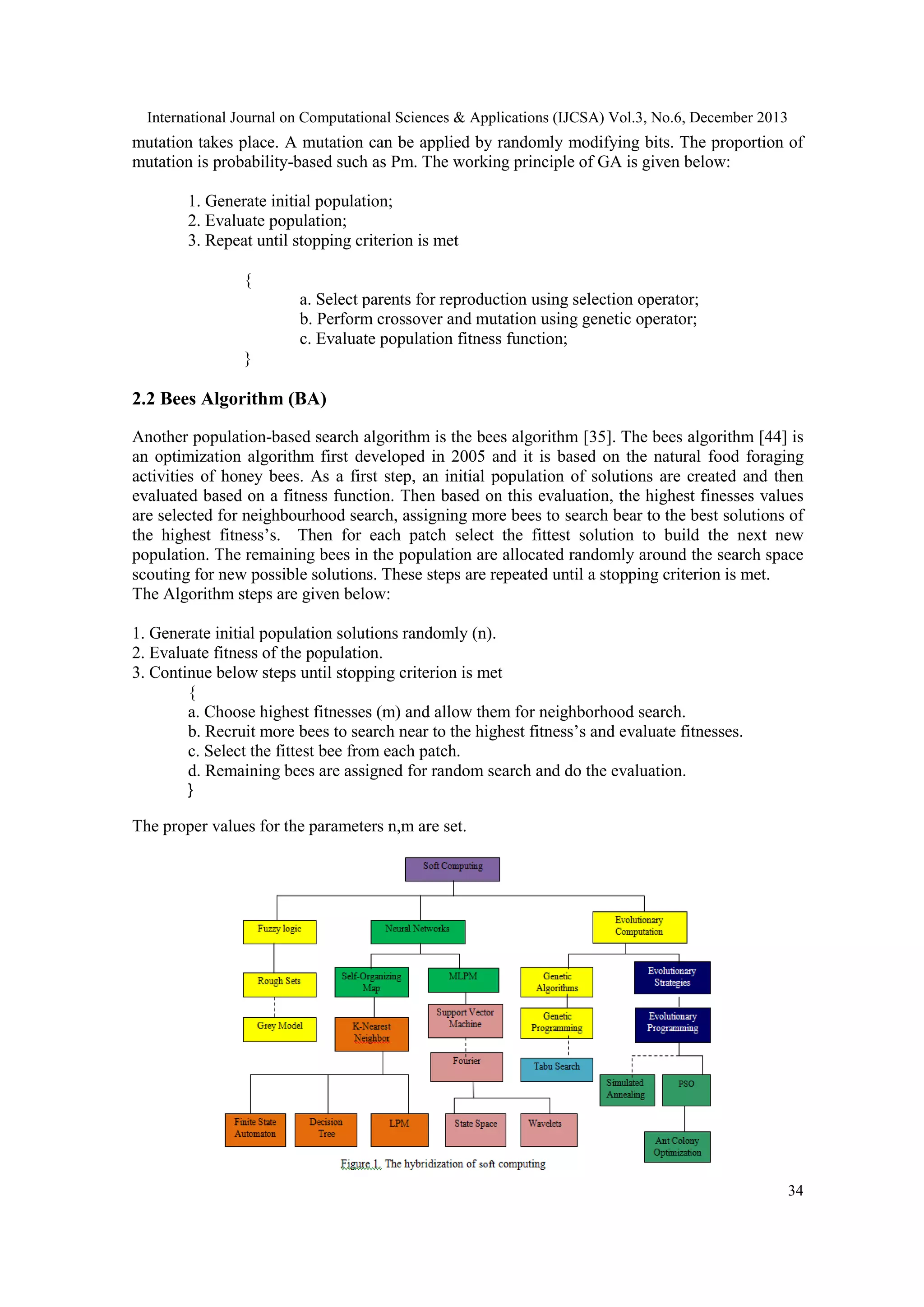 International Journal on Computational Sciences & Applications (IJCSA) Vol.3, No.6, December 2013

mutation takes place. A mutation can be applied by randomly modifying bits. The proportion of
mutation is probability-based such as Pm. The working principle of GA is given below:
1. Generate initial population;
2. Evaluate population;
3. Repeat until stopping criterion is met
{
a. Select parents for reproduction using selection operator;
b. Perform crossover and mutation using genetic operator;
c. Evaluate population fitness function;
}

2.2 Bees Algorithm (BA)
Another population-based search algorithm is the bees algorithm [35]. The bees algorithm [44] is
an optimization algorithm first developed in 2005 and it is based on the natural food foraging
activities of honey bees. As a first step, an initial population of solutions are created and then
evaluated based on a fitness function. Then based on this evaluation, the highest finesses values
are selected for neighbourhood search, assigning more bees to search bear to the best solutions of
the highest fitness’s. Then for each patch select the fittest solution to build the next new
population. The remaining bees in the population are allocated randomly around the search space
scouting for new possible solutions. These steps are repeated until a stopping criterion is met.
The Algorithm steps are given below:
1. Generate initial population solutions randomly (n).
2. Evaluate fitness of the population.
3. Continue below steps until stopping criterion is met
{
a. Choose highest fitnesses (m) and allow them for neighborhood search.
b. Recruit more bees to search near to the highest fitness’s and evaluate fitnesses.
c. Select the fittest bee from each patch.
d. Remaining bees are assigned for random search and do the evaluation.
}

The proper values for the parameters n,m are set.

34

 