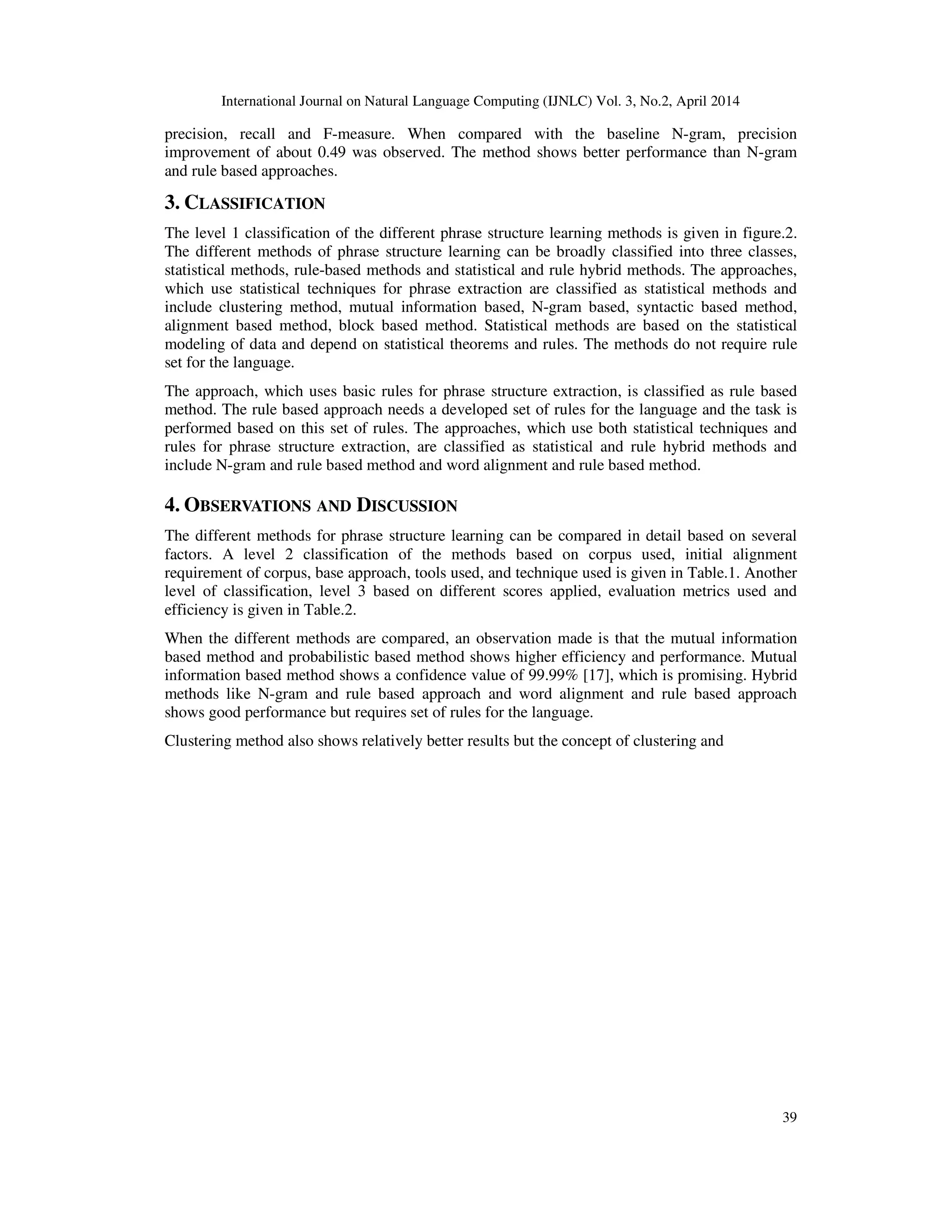International Journal on Natural Language Computing (IJNLC) Vol. 3, No.2, April 2014 39 precision, recall and F-measure. When compared with the baseline N-gram, precision improvement of about 0.49 was observed. The method shows better performance than N-gram and rule based approaches. 3. CLASSIFICATION The level 1 classification of the different phrase structure learning methods is given in figure.2. The different methods of phrase structure learning can be broadly classified into three classes, statistical methods, rule-based methods and statistical and rule hybrid methods. The approaches, which use statistical techniques for phrase extraction are classified as statistical methods and include clustering method, mutual information based, N-gram based, syntactic based method, alignment based method, block based method. Statistical methods are based on the statistical modeling of data and depend on statistical theorems and rules. The methods do not require rule set for the language. The approach, which uses basic rules for phrase structure extraction, is classified as rule based method. The rule based approach needs a developed set of rules for the language and the task is performed based on this set of rules. The approaches, which use both statistical techniques and rules for phrase structure extraction, are classified as statistical and rule hybrid methods and include N-gram and rule based method and word alignment and rule based method. 4. OBSERVATIONS AND DISCUSSION The different methods for phrase structure learning can be compared in detail based on several factors. A level 2 classification of the methods based on corpus used, initial alignment requirement of corpus, base approach, tools used, and technique used is given in Table.1. Another level of classification, level 3 based on different scores applied, evaluation metrics used and efficiency is given in Table.2. When the different methods are compared, an observation made is that the mutual information based method and probabilistic based method shows higher efficiency and performance. Mutual information based method shows a confidence value of 99.99% [17], which is promising. Hybrid methods like N-gram and rule based approach and word alignment and rule based approach shows good performance but requires set of rules for the language. Clustering method also shows relatively better results but the concept of clustering and 