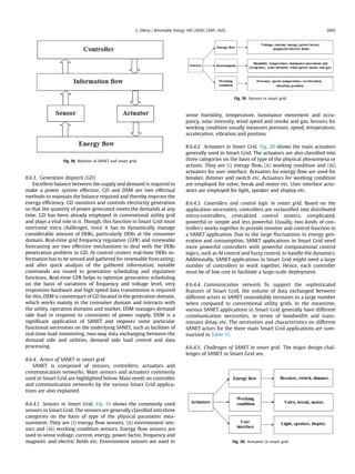 8.6.3. Generation dispatch (GD)
Excellent balance between the supply and demand is required to
make a power system effective. GD and DSM are two effectual
methods to maintain the balance required and thereby improve the
energy efﬁciency. GD monitors and controls electricity generation
so that the quantity of power generated meets the demands at any
time. GD has been already employed in conventional utility grid
and plays a vital role in it. Though, this function in Smart Grid must
overcome extra challenges, since it has to dynamically manage
considerable amount of DERs, particularly DERs at the consumer
domain. Real-time grid frequency regulation (GFR) and renewable
forecasting are two effective mechanisms to deal with the DERs
penetration problem in GD. At control centers real-time DERs in-
formation has to be sensed and gathered for renewable forecasting;
and after quick analysis of the gathered information, suitable
commands are issued to generation scheduling and regulation
functions. Real-time GFR helps to optimize generation scheduling
on the basis of variations of frequency and voltage level, very
responsive hardware and high speed data transmission is required
for this. DSM is counterpart of GD located in the generation domain,
which works mainly in the consumer domain and interacts with
the utility, operation domains and market. DSM manages demand
side load in response to constraints of power supply. DSM is a
signiﬁcant application of SANET and imposes some particular
functional necessities on the underlying SANET, such as facilities of
real-time load monitoring, two-way data exchanging between the
demand side and utilities, demand side load control and data
processing.
8.6.4. Actors of SANET in smart grid
SANET is composed of sensors, controllers, actuators and
communication networks. Main sensors and actuators commonly
used in Smart Grid are highlighted below. Main needs on controller
and communication networks by the various Smart Grid applica-
tions are also explained.
8.6.4.1. Sensors in Smart Grid. Fig. 19 shows the commonly used
sensors in Smart Grid. The sensors are generally classiﬁed into three
categories on the basis of type of the physical parameter mea-
surement. They are (i) energy ﬂow sensors, (ii) environment sen-
sors and (iii) working condition sensors. Energy ﬂow sensors are
used to sense voltage, current, energy, power factor, frequency and
magnetic and electric ﬁelds etc. Environment sensors are used to
sense humidity, temperature, luminance movement and occu-
pancy, solar intensity, wind speed and smoke and gas. Sensors for
working condition usually measures pressure, speed, temperature,
acceleration, vibration and position.
8.6.4.2. Actuators in Smart Grid. Fig. 20 shows the main actuators
generally used in Smart Grid. The actuators are also classiﬁed into
three categories on the basis of type of the physical phenomena or
actions. They are (i) energy ﬂow, (ii) working condition and (iii)
actuators for user interface. Actuators for energy ﬂow are used for
breaker, dimmer and switch etc. Actuators for working condition
are employed for valve, break and motor etc. User interface actu-
ators are employed for light, speaker and display etc.
8.6.4.3. Controllers and control logic in smart grid. Based on the
application necessities, controllers are reclassiﬁed into distributed
micro-controllers, centralized control centers, complicated,
powerful or simple and less powerful. Usually, two kinds of con-
troller's works together to provide monitor and control function in
a SANET application. Due to the large ﬂuctuations in energy gen-
eration and consumption, SANET applications in Smart Grid need
more powerful controllers with powerful computational control
logics, such as AI control and fuzzy control, to handle the dynamics.
Additionally, SANET applications in Smart Grid might need a large
number of controllers to work together. Hence, each controller
must be of low cost to facilitate a large-scale deployment.
8.6.4.4. Communication network. To support the sophisticated
features of Smart Grid, the volume of data exchanged between
different actors in SANET unavoidably increases to a large number
when compared to conventional utility grids. In the meantime,
various SANET applications in Smart Grid generally have different
communication necessities, in terms of bandwidth and trans-
mission delay, etc. The necessities and characteristics on different
SANET actors for the three main Smart Grid applications are sum-
marized in Table 11.
8.6.4.5. Challenges of SANET in smart grid. The major design chal-
lenges of SANET in Smart Grid are,
Fig. 18. Relation of SANET and smart grid.
Fig. 19. Sensors in smart grid.
Fig. 20. Actuators in smart grid.
G. Dileep / Renewable Energy 146 (2020) 2589e2625 2603
 
