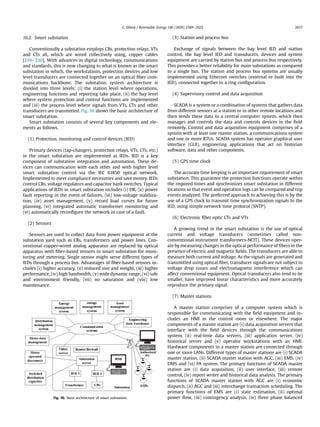 10.2. Smart substation
Conventionally a substation employs CBs, protection relays, VTs
and CTs all, which are wired collectively using, copper cables
[219e230]. With advances in digital technology, communications
and standards, this is now changing to what is known as the smart
substation in which, the workstations, protection devices and low
level transducers are connected together on an optical ﬁber com-
munications backbone. The substation system architecture is
divided into three levels; (i) the station level where operations,
engineering functions and reporting take place, (ii) the bay level
where system protection and control functions are implemented
and (iii) the process level where signals from VTs, CTs and other
transducers are transmitted. Fig. 36 shows the basic architecture of
smart substation.
Smart substation consists of several key components and ele-
ments as follows,
(1) Protection, monitoring and control devices (IED)
Primary devices (tap-changers, protection relays, VTs, CTs, etc.)
in the smart substation are implemented as IEDs. IED is a key
component of substation integration and automation. These de-
vices can communication with each other and with higher level
smart substation control via the IEC 61850 optical network.
Implemented to meet compliance necessities and save money. IEDs
control CBs, voltage regulators and capacitor bank switches. Typical
applications of IEDs in smart substation includes (i) DR, (ii) power
fault reporting in the event of failures, (iii) low-voltage stabiliza-
tion, (iv) asset management, (v) record load curves for future
planning, (vi) integrated automatic transformer monitoring and
(vi) automatically reconﬁgure the network in case of a fault.
(2) Sensors
Sensors are used to collect data from power equipment at the
substation yard such as CBs, transformers and power lines. Con-
ventional copper-wired analog apparatus are replaced by optical
apparatus with ﬁber-based sensors in smart substation for moni-
toring and metering. Single sensor might serve different types of
IEDs through a process bus. Advantages of ﬁber-based sensors in-
cludes (i) higher accuracy, (ii) reduced size and weight, (iii) higher
performance, (iv) high bandwidth, (v) wide dynamic range, (vi) safe
and environment friendly, (vii) no saturation and (viii) low
maintenance.
(3) Station and process bus
Exchange of signals between the bay level IED and station
control, the bay level IED and transducers, devices and system
equipment are carried by station bus and process bus respectively.
This provides a better reliability for main substations as compared
to a single bus. The station and process bus systems are usually
implemented using Ethernet switches (external or built into the
IED), connected together in a ring conﬁguration.
(4) Supervisory control and data acquisition
SCADA is a system or a combination of systems that gathers data
from different sensors at a station or in other remote locations and
then sends these data to a central computer system, which then
manages and controls the data and controls devices in the ﬁeld
remotely. Control and data acquisition equipment comprises of a
system with at least one master station, a communications system
and one or more RTUs. SCADA system has operator graphical user
interface (GUI), engineering applications that act on historian
software, data and other components.
(5) GPS time clock
The accurate time keeping is an important requirement of smart
substation. This guarantee the protection functions operate within
the required times and synchronizes smart substation in different
locations so that event and operation logs can be compared and trip
events analyzed. The preferred approach to achieving this is by the
use of a GPS clock to transmit time synchronization signals to the
IED, using simple network time protocol (SNTP).
(6) Electronic ﬁber optic CTs and VTs
A growing trend in the smart substation is the use of optical
current and voltage transducers (sometimes called non-
conventional instrument transformers-NCIT). These devices oper-
ate by measuring changes in the optical performance of ﬁbers in the
presence of electric and magnetic ﬁelds. The transducers are able to
measure both current and voltage. As the signals are generated and
transmitted using optical ﬁber, transducer signals are not subject to
voltage drop issues and electromagnetic interference which can
affect conventional equipment. Optical transducers also tend to be
smaller, have improved linear characteristics and more accurately
reproduce the primary signal.
(7) Master stations
A master station comprises of a computer system which is
responsible for communicating with the ﬁeld equipment and in-
cludes an HMI in the control room or elsewhere. The major
components of a master station are (i) data acquisition servers that
interface with the ﬁeld devices through the communications
system, (ii) real-time data servers, (iii) application server, (iv)
historical server and (v) operator workstations with an HMI.
Hardware components in a master station are connected through
one or more LANs. Different types of master stations are (i) SCADA
master station, (ii) SCADA master station with AGC, (iii) EMS, (iv)
DMS and (vi) FA system. The primary functions of SCADA master
station are (i) data acquisition, (ii) user interface, (iii) remote
control, (iv) report writer and historical data analysis. The primary
functions of SCADA master station with AGC are (i) economic
dispatch, (ii) AGC and (iii) interchange transaction scheduling. The
primary functions of EMS are (i) state estimation, (ii) optimal
power ﬂow, (iii) contingency analysis, (iv) three phase balancedFig. 36. Basic architecture of smart substation.
G. Dileep / Renewable Energy 146 (2020) 2589e2625 2617
 