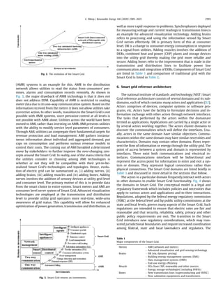 (AMR) systems is an example for this. AMR in the distribution
network allows utilities to read the status from consumers' pre-
mises, alarms and consumption records remotely. As shown in
Fig. 3, the major drawback of AMR technology is that it does not
does not address DSM. Capability of AMR is restricted to reading
meter data due to its one-way communication system. Based on the
information received from the meters it does not allow utilities take
corrective action. In other words, transition to the Smart Grid is not
possible with AMR systems, since pervasive control at all levels is
not possible with AMR alone. Utilities across the world have been
moved to AMI, rather than investing on AMR. AMI presents utilities
with the ability to modify service level parameters of consumers.
Through AMI, utilities can congregate their fundamental targets for
revenue protection and load management. AMI gathers instanta-
neous information about individual and aggregated demand, put
caps on consumption and performs various revenue models to
control their costs. The coming out of AMI heralded a determined
move by stakeholders to further improve the ever-changing con-
cepts around the Smart Grid. In reality, one of the main criteria that
the utilities consider in choosing among AMI technologies is
whether or not they will be compatible with their yet-to-be-
realized Smart Grid's technologies and topologies. Hence, evolu-
tion of electric grid can be summarized as, (i) adding nerves, (ii)
adding brains, (iii) adding muscles and (iv) adding bones. Adding
nerves involves the addition of sensory devices at utility grid level
and consumer level. The primary motive of this is to provide data
from the smart choice to entire system. Smart meters and AMI are
consumer level nerve system of Smart Grid. Advanced visualization
technologies are employed at the transmission and distribution
level to provide utility grid operators more real-time, wide-area
awareness of grid status. This capability will allow for enhanced
optimization of power generation, transmission and distribution, as
well as more rapid response to problems. Synchrophasors deployed
for measuring voltage and current readings in transmission lines is
an example for advanced visualization technology. Adding brains
refers to processing and using the information sensed by Smart
Grid nerves effectively. DR is primary form of this at consumer
level. DR is a change in consumer energy consumption in response
to a signal from utilities. Adding muscles involves the addition of
DERs, combined heat and power (CHP) plants and storage devices
into the utility grid thereby making the grid more reliable and
secure. Adding bones refer to the improvement that is made in the
transmission and distribution lines to facilitate power line
communication and integration of DERs. Components of Smart Grid
are listed in Table 1 and comparison of traditional grid with the
Smart Grid is listed in Table 2.
6. Smart grid reference architecture
The national institute of standards and technology (NIST) Smart
Grid reference architecture consists of several domains and its sub-
domains, each of which contains many actors and applications [52].
Actors comprises of devices, computer systems or software pro-
grams, etc. Actors have the facility to formulate decisions and in-
formation exchange with other actors through network interfaces.
The tasks that performed by the actors within the domainare
termed as applications. Applications are carried by a single actor or
by several actors working together. The actors cluster domains to
discover the commonalities which will deﬁne the interfaces. Usu-
ally, actors in the same domain have similar objectives. Commu-
nications within the same domain may have similar necessities and
characteristics. Domains may contain other domains. Flows repre-
sent the ﬂow of information or energy through the utility grid. The
point of access between a system and domain is represented by
interfaces. There exist both communications and electrical in-
terfaces. Communications interfaces will be bidirectional and
represent the access point for information to enter and exit a sys-
tem or domain. They represent logical connections rather than
physical connections. The Smart Grid domains are listed brieﬂy in
Table 3 and discussed in more detail in the sections that follow.
The actors in a particular domain frequently interact with actors
in other domains to enable Smart Grid functionality. Fig. 4 shows
the domains in Smart Grid. The conceptual model is a legal and
regulatory framework which includes policies and necessities that
apply to various actors and applications and to their interactions.
Regulations, adopted by the federal energy regulatory commission
(FERC) at the federal level and by public utility commissions at the
state and local levels, govern many aspects of the Smart Grid. Such
regulations are intended to ensure that electric rates are fair and
reasonable and that security, reliability, safety, privacy and other
public policy requirements are met. The transition to the Smart
Grid introduces new regulatory considerations, which may tran-
scend jurisdictional boundaries and require increased coordination
among federal, state and local lawmakers and regulators. The
Fig. 2. The evolution of the Smart Grid.
Fig. 3. Smart Grid returns on investments.
Table 1
Major components of the Smart Grid.
Nerves - AMI (network and meters)
- Advanced visualization and grid sensing technology
Brains - DR (via. dynamic pricing)
- Building energy management systems (EMS)
- Data management systems (DMS)
- End-use energy efﬁciency
Muscle - DGs from CHP, renewable and other sources
- Energy storage technologies (including PHEVs)
Bones - New transmission lines (superconducting and HVDC)
- New substation equipments and transformers
G. Dileep / Renewable Energy 146 (2020) 2589e2625 2593
 