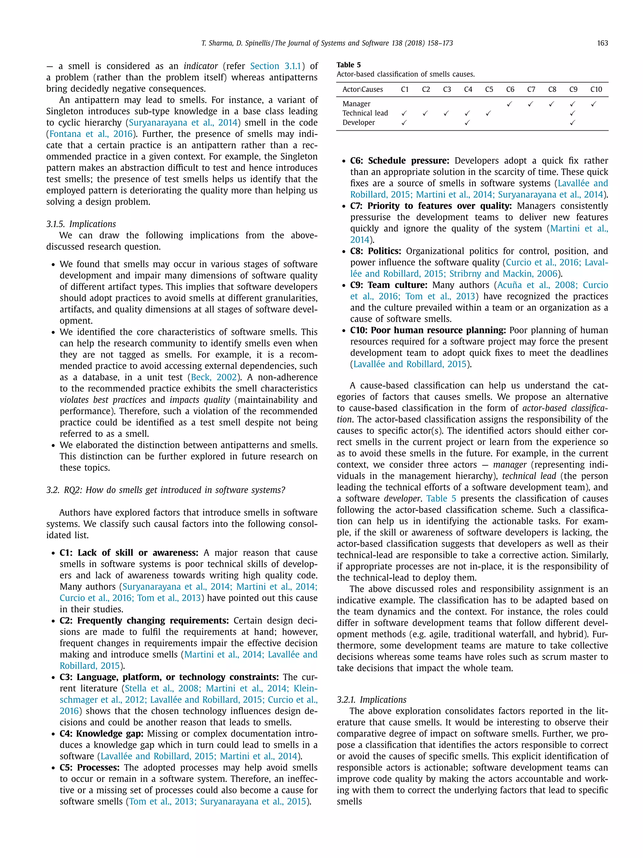 T. Sharma, D. Spinellis / The Journal of Systems and Software 138 (2018) 158–173 163
— a smell is considered as an indicator (refer Section 3.1.1) of
a problem (rather than the problem itself) whereas antipatterns
bring decidedly negative consequences.
An antipattern may lead to smells. For instance, a variant of
Singleton introduces sub-type knowledge in a base class leading
to cyclic hierarchy (Suryanarayana et al., 2014) smell in the code
(Fontana et al., 2016). Further, the presence of smells may indi-
cate that a certain practice is an antipattern rather than a rec-
ommended practice in a given context. For example, the Singleton
pattern makes an abstraction diﬃcult to test and hence introduces
test smells; the presence of test smells helps us identify that the
employed pattern is deteriorating the quality more than helping us
solving a design problem.
3.1.5. Implications
We can draw the following implications from the above-
discussed research question.
• We found that smells may occur in various stages of software
development and impair many dimensions of software quality
of different artifact types. This implies that software developers
should adopt practices to avoid smells at different granularities,
artifacts, and quality dimensions at all stages of software devel-
opment.
• We identiﬁed the core characteristics of software smells. This
can help the research community to identify smells even when
they are not tagged as smells. For example, it is a recom-
mended practice to avoid accessing external dependencies, such
as a database, in a unit test (Beck, 2002). A non-adherence
to the recommended practice exhibits the smell characteristics
violates best practices and impacts quality (maintainability and
performance). Therefore, such a violation of the recommended
practice could be identiﬁed as a test smell despite not being
referred to as a smell.
• We elaborated the distinction between antipatterns and smells.
This distinction can be further explored in future research on
these topics.
3.2. RQ2: How do smells get introduced in software systems?
Authors have explored factors that introduce smells in software
systems. We classify such causal factors into the following consol-
idated list.
• C1: Lack of skill or awareness: A major reason that cause
smells in software systems is poor technical skills of develop-
ers and lack of awareness towards writing high quality code.
Many authors (Suryanarayana et al., 2014; Martini et al., 2014;
Curcio et al., 2016; Tom et al., 2013) have pointed out this cause
in their studies.
• C2: Frequently changing requirements: Certain design deci-
sions are made to fulﬁl the requirements at hand; however,
frequent changes in requirements impair the effective decision
making and introduce smells (Martini et al., 2014; Lavallée and
Robillard, 2015).
• C3: Language, platform, or technology constraints: The cur-
rent literature (Stella et al., 2008; Martini et al., 2014; Klein-
schmager et al., 2012; Lavallée and Robillard, 2015; Curcio et al.,
2016) shows that the chosen technology inﬂuences design de-
cisions and could be another reason that leads to smells.
• C4: Knowledge gap: Missing or complex documentation intro-
duces a knowledge gap which in turn could lead to smells in a
software (Lavallée and Robillard, 2015; Martini et al., 2014).
• C5: Processes: The adopted processes may help avoid smells
to occur or remain in a software system. Therefore, an ineffec-
tive or a missing set of processes could also become a cause for
software smells (Tom et al., 2013; Suryanarayana et al., 2015).
Table 5
Actor-based classiﬁcation of smells causes.
ActorCauses C1 C2 C3 C4 C5 C6 C7 C8 C9 C10
Manager
Technical lead
Developer
• C6: Schedule pressure: Developers adopt a quick ﬁx rather
than an appropriate solution in the scarcity of time. These quick
ﬁxes are a source of smells in software systems (Lavallée and
Robillard, 2015; Martini et al., 2014; Suryanarayana et al., 2014).
• C7: Priority to features over quality: Managers consistently
pressurise the development teams to deliver new features
quickly and ignore the quality of the system (Martini et al.,
2014).
• C8: Politics: Organizational politics for control, position, and
power inﬂuence the software quality (Curcio et al., 2016; Laval-
lée and Robillard, 2015; Stribrny and Mackin, 2006).
• C9: Team culture: Many authors (Acuña et al., 2008; Curcio
et al., 2016; Tom et al., 2013) have recognized the practices
and the culture prevailed within a team or an organization as a
cause of software smells.
• C10: Poor human resource planning: Poor planning of human
resources required for a software project may force the present
development team to adopt quick ﬁxes to meet the deadlines
(Lavallée and Robillard, 2015).
A cause-based classiﬁcation can help us understand the cat-
egories of factors that causes smells. We propose an alternative
to cause-based classiﬁcation in the form of actor-based classiﬁca-
tion. The actor-based classiﬁcation assigns the responsibility of the
causes to speciﬁc actor(s). The identiﬁed actors should either cor-
rect smells in the current project or learn from the experience so
as to avoid these smells in the future. For example, in the current
context, we consider three actors — manager (representing indi-
viduals in the management hierarchy), technical lead (the person
leading the technical efforts of a software development team), and
a software developer. Table 5 presents the classiﬁcation of causes
following the actor-based classiﬁcation scheme. Such a classiﬁca-
tion can help us in identifying the actionable tasks. For exam-
ple, if the skill or awareness of software developers is lacking, the
actor-based classiﬁcation suggests that developers as well as their
technical-lead are responsible to take a corrective action. Similarly,
if appropriate processes are not in-place, it is the responsibility of
the technical-lead to deploy them.
The above discussed roles and responsibility assignment is an
indicative example. The classiﬁcation has to be adapted based on
the team dynamics and the context. For instance, the roles could
differ in software development teams that follow different devel-
opment methods (e.g. agile, traditional waterfall, and hybrid). Fur-
thermore, some development teams are mature to take collective
decisions whereas some teams have roles such as scrum master to
take decisions that impact the whole team.
3.2.1. Implications
The above exploration consolidates factors reported in the lit-
erature that cause smells. It would be interesting to observe their
comparative degree of impact on software smells. Further, we pro-
pose a classiﬁcation that identiﬁes the actors responsible to correct
or avoid the causes of speciﬁc smells. This explicit identiﬁcation of
responsible actors is actionable; software development teams can
improve code quality by making the actors accountable and work-
ing with them to correct the underlying factors that lead to speciﬁc
smells
 