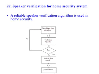 22. Speaker verification for home security system
• A reliable speaker verification algorithm is used in
home security.
 